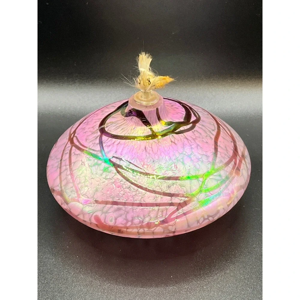 Pink Iridescent Glass Oil Lamp Crackle Swirl Decor‎ Accent Lighting 5